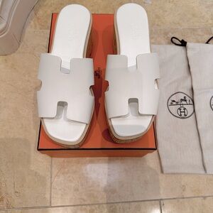 Hermes Eze Oran White platform wedge H sandals NEW 100% AUTHENTIC w/ receipt